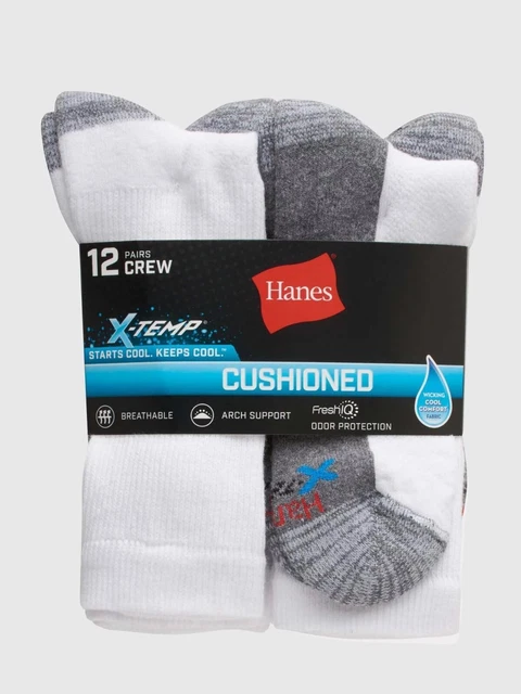Hanes Men's X-Temp Cushioned + Arch & Vent Crew Socks (Pack of 12 Pairs) - White