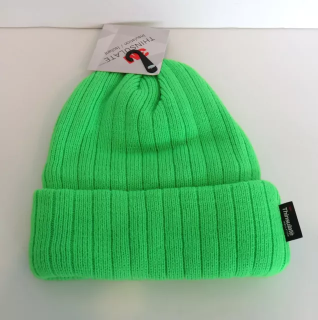 3M Thinsulate Thick Beanie Cuffed Monster Green Fleece Lined Ribbed Cap Hat