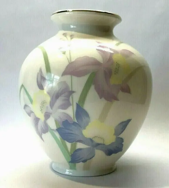 Vintage Otagiri Japan Vase 'Iris Spray' White Purple Floral Porcelain Gold 7.5"