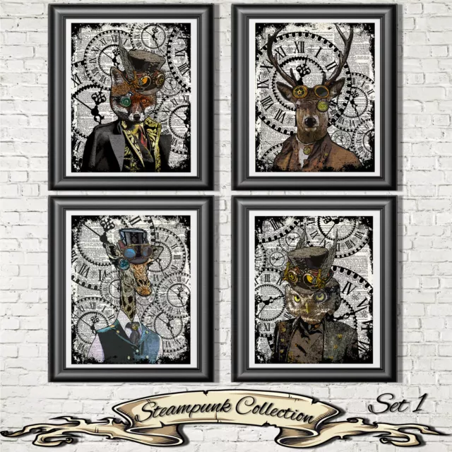 ART PRINT ON ORIGINAL ANTIQUE BOOK PAGE Set 1 - 4 Steampunk Animals Dictionary