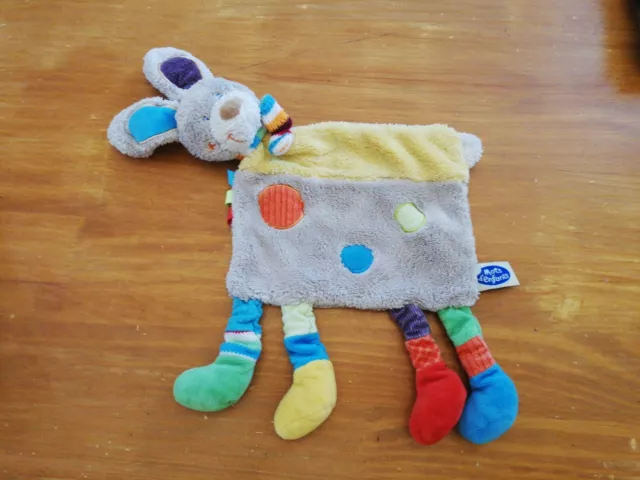 Doudou Mots D'enfants Lapin Plat Gris Jaune Orange Bleu Écharpe Rayée Ronds Pois