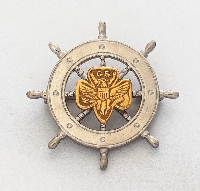 GIRL SCOUTS MARINER Pin Brooch Vintage Boat Steering Wheel Gold Silver