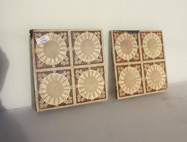 Victorian Ceramic Tile Floral Flowers Leaf Nouveau Old Antique Vintage x2 CHIPS