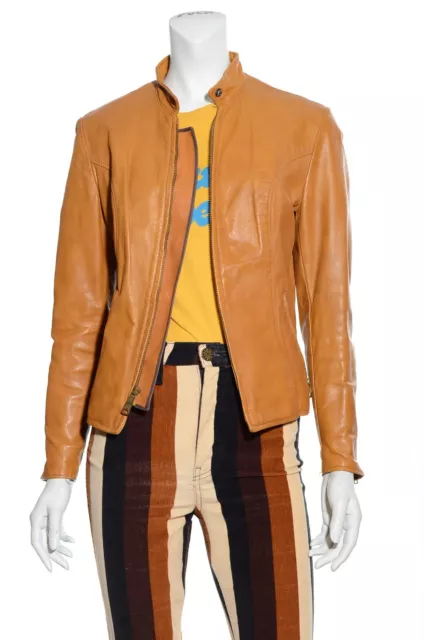 Womens Vtg 60s 70s Brooks Caramel Tan Mod Leather Motorcycle Jacket Cafe Racer S