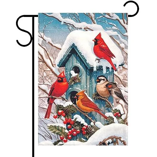 Cardinal Birdhouse Garden Flag 12'' x 18'' Double Sided Merry Christmas Outsi...