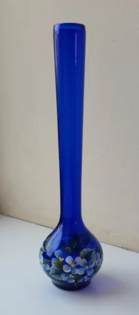 Cobalt Blue Glass Bud Vase with Hand Painted Flower Decoration - 9" (23 cm) Tall