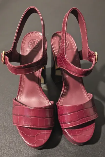 Tory Burch Burgundy Croc Embossed Leather Martine Platform Ankle Strap Sandals