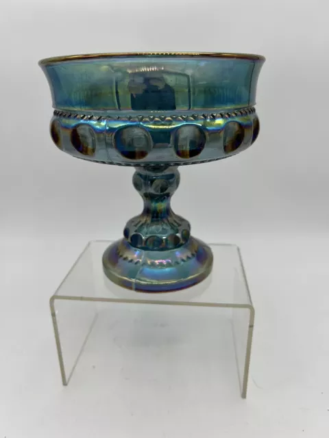 VTG  Indiana Carnival Glass Blue Iridescent Thumbprint Goblet Candy Dish/Compote