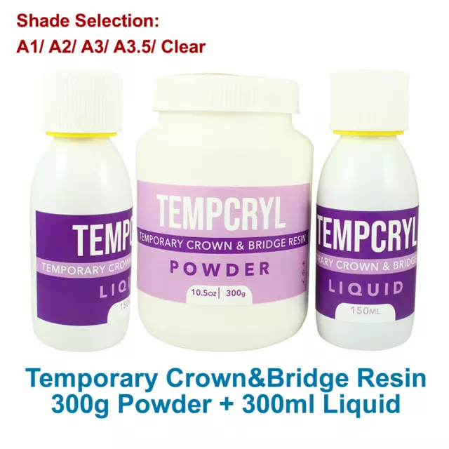 Dental Tempcryl Self Curing Acrylic Resin Set Powder 300g & Liquid 300ml Shades