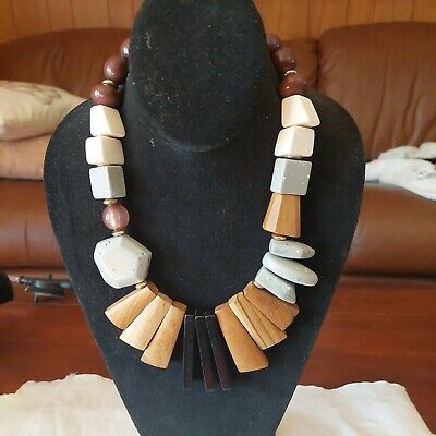Chico's Statement Necklace - Chunky Multicolor Wood & Resin Bead Fan 22"