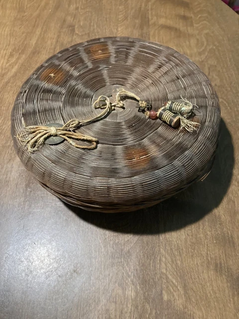 Chinese Wicker Sewing Basket w/ Coins & Peking Glass Beads- Antique