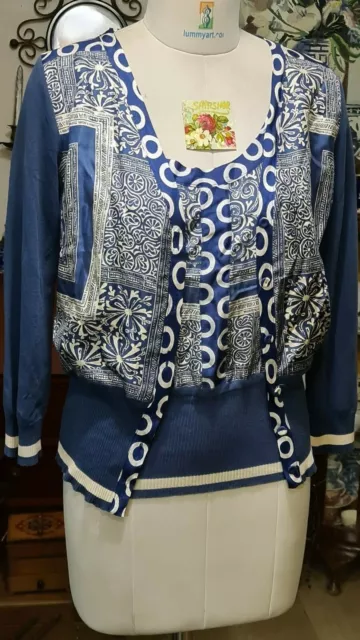 Etro Milano Gorgeous Twin Set Silk w Cotton Sz.46  Tank & Cardigan Blue & White