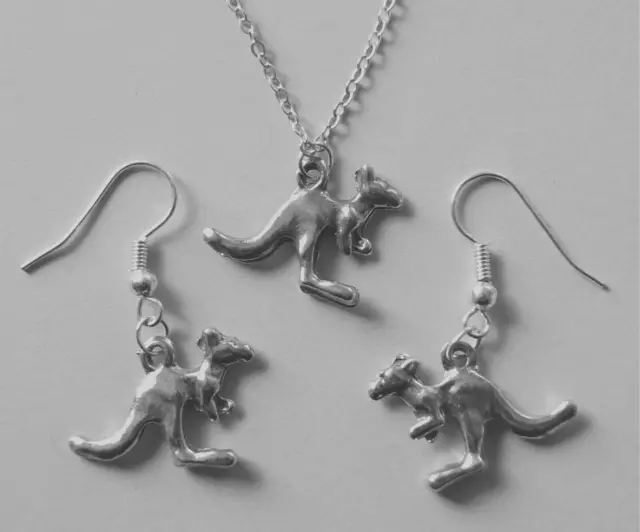 Earrings & NECKLACE #292 Pewter KANGAROO (22mm x 14mm) silver tone Set AUSSIE