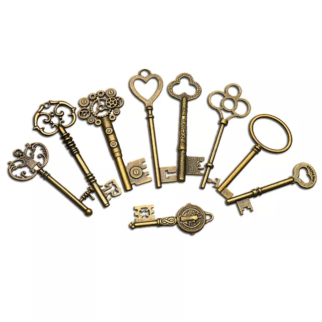 9PCS BIG Large Antique Vtg old Brass Skeleton Keys Lot Cabinet Barrel Lok