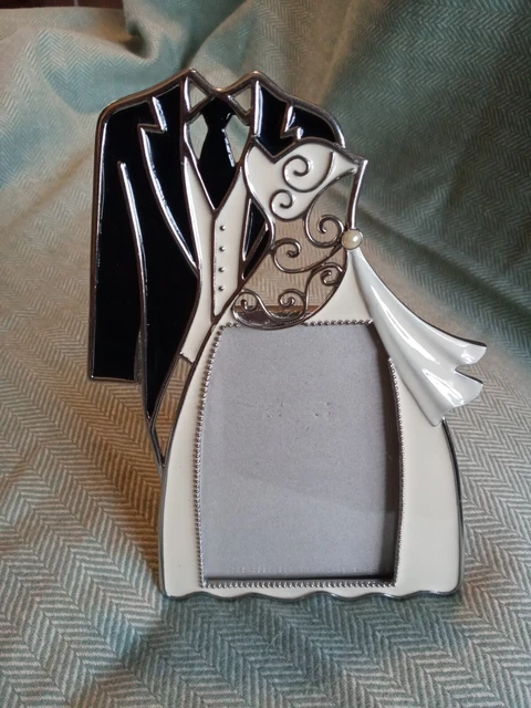 Vtg. Bride & Groom Photo Frame Enamel black &white,Silver Toned Metal.Special