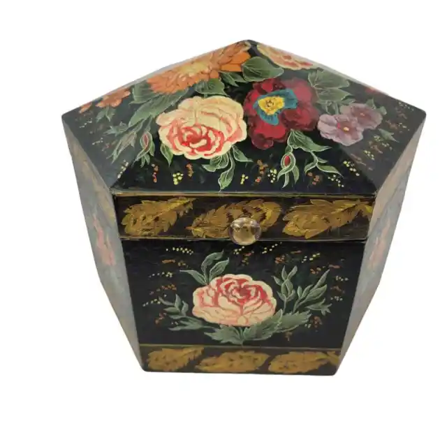 Vtg Indian Tole Painted Hexagon Trinket Box Hinged Wooden Black Floral Multicolo