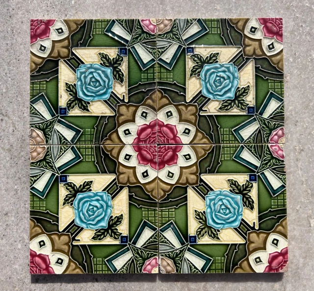 Antique Rare Old Majolica Floral Art Nouveau Architecture Furniture Tile Japan