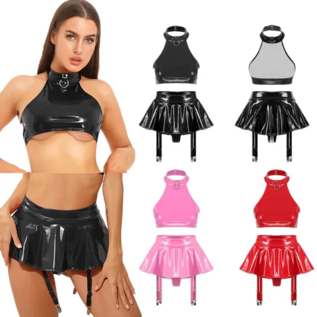 Damen Sexy Wet Look Lackleder Crop Tops Mit Minirock Party Nightclub Dessous Set