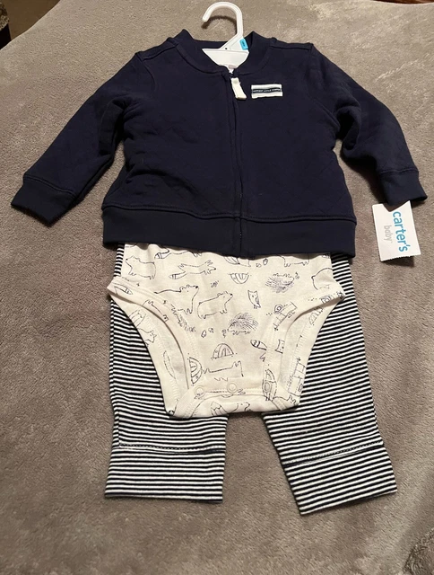 NWT Carters Baby Boys 3pc Striped Pants, 1 Body Suit & 1 Jacket Camp Themed-6Mos