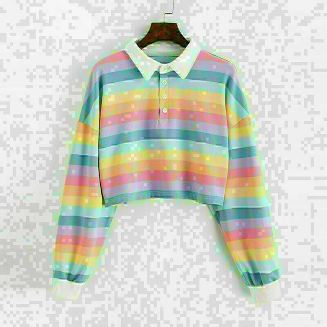 Women's Casual Sweatshirt Rainbow Striped Tops Long Sleeve Lapel Button Pullover