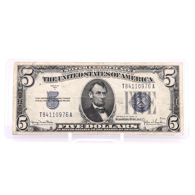 1934D $5 Five Dollar US Silver Certificate VINTAGE BLUE SEAL F1654 Clarke Snyder