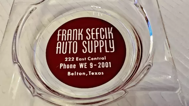 alt Glas Aschenbecher USA mit Werbung -Frank Sefcik,Auto Supply,Bolton,Texas