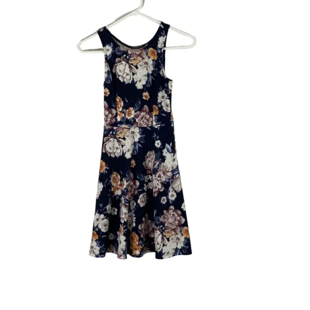 Soprano Womens Blue Floral Round Neck Sleeveless Stretchy Fit And Flare Dress XS
