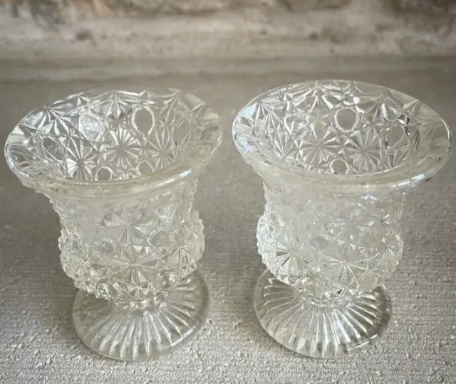 Set of 2 Vintage EAPG Clear Glass Daisy And Button Toothpick Holder Pedestal Urn