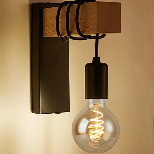 Vintage Lámpara de Pared Retro Estilo Industrial Madera Aplique Instalación UK