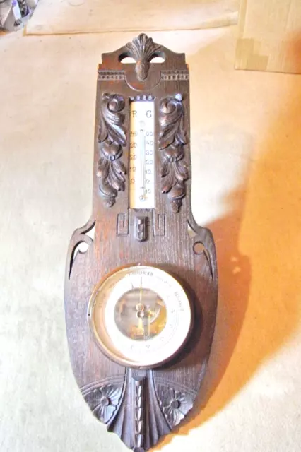 Barometer mit Thermometer , handgeschnitzt , um 1900 , Holz