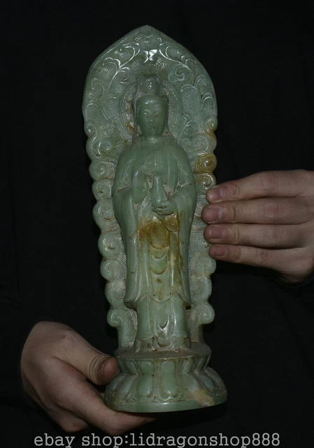 11.2" Old Chinese Green Jade Carved Buddhism Kwan-yin Guan Yin goddess Statue