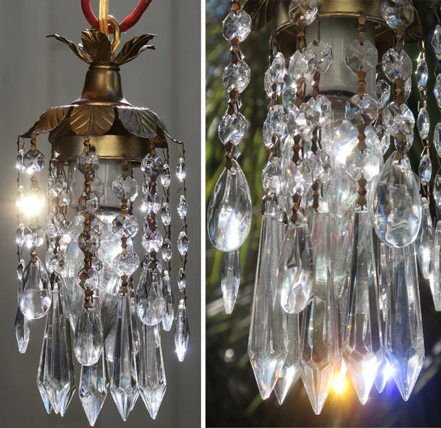 HANGING PENDANT SWAG plugin lamp Chandelier Crystal prism Brass Tole