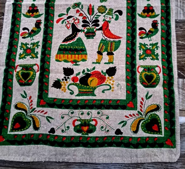 Vintage Tea Hand Towel Green Black European Folk Primitive Art Figural 25x15