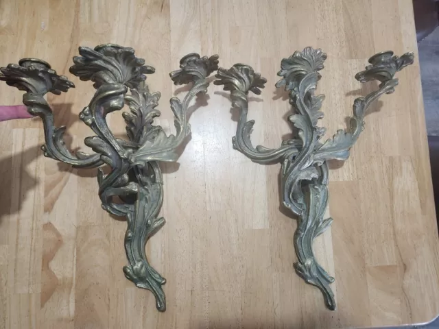 Pair of Vintage French Rococo Gilt Dore Bronze Candle Wall Sconces large floral