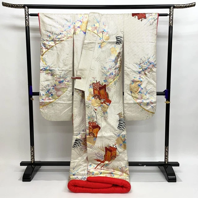 Japanese Kimono Uchikake Luxurious Wedding Embroidery Pure Silk Crane White K465 2