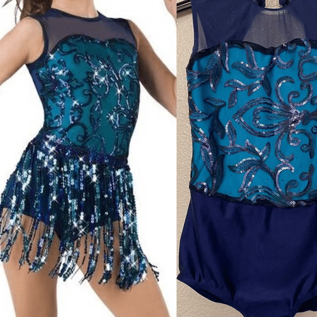 Costume gallery blue teal sequin 2 piece fringe dance leotard 19311 -MC