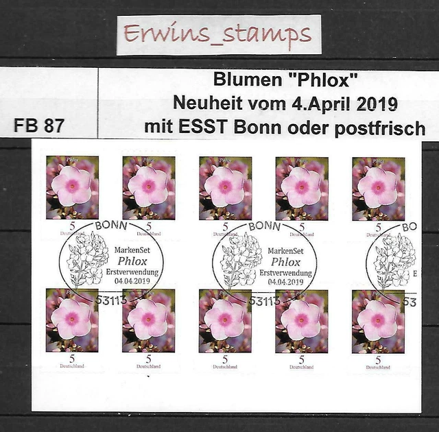 FB 87 Bund vom 4.April 2019 selbstklebend FOLIENBLATT POSTFRISCH ESST BLUMEN