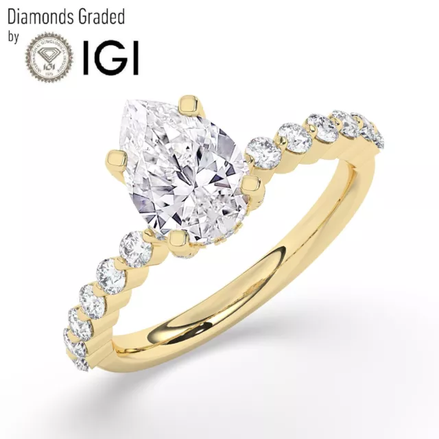 IGI, F/VS1,2 CT Solitaire Lab-Grown Pear Diamond Engagement Ring,18K Yellow Gold