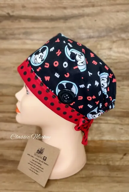 Mickey Mouse ~Women Tieback Lined Surgical Scrub Cap with Buttons 100% Cotton