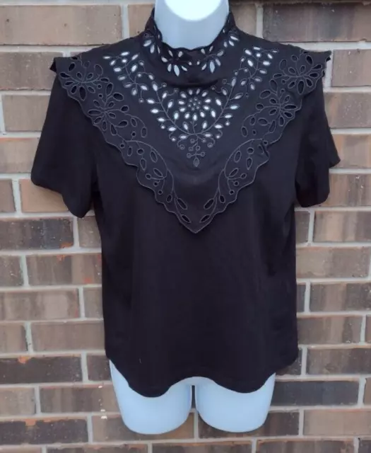 Maje Top Women 1 Black Noir Talente Broderie Anglaise Eyelet Cotton T-shirt new