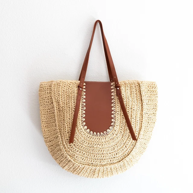 Large Straw Round Tote with Leather Accents Perfect Summer Beach Bag WHT