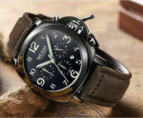 MONTRE CHRONOGRAPHE DE Luxe Militaire pour Homme Megir Bracelet Cuir