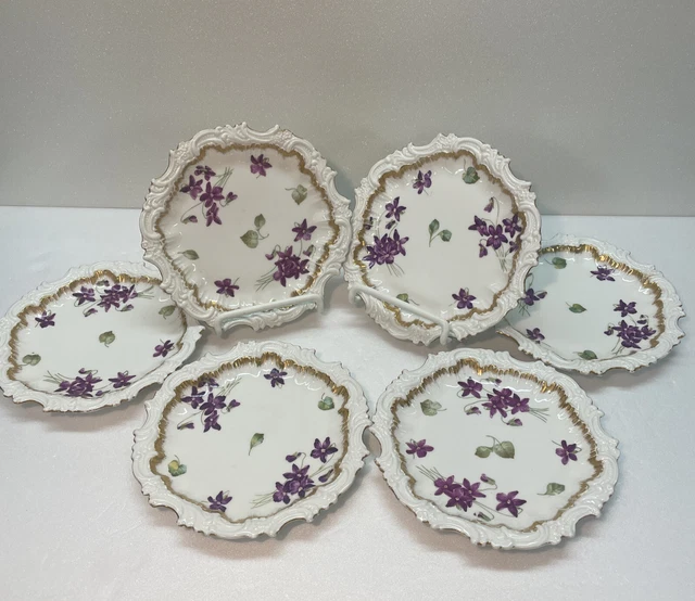 T&V France Dessert Plates Tressemanes & Vogt Porcelain Purple Violets Gold Trim