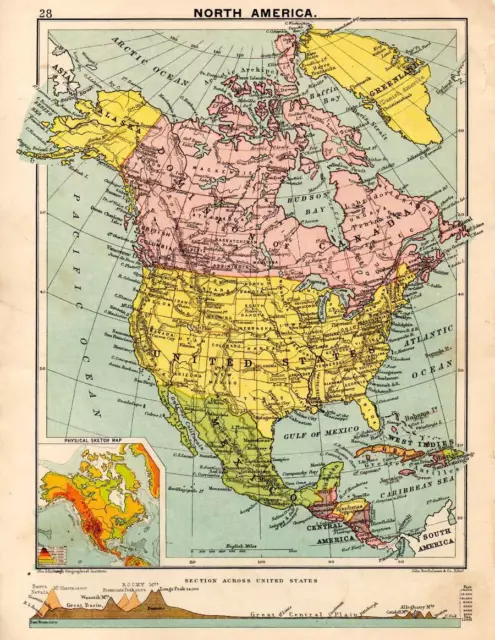 North America 1898 Original Victorian Colour Map Bartholomew