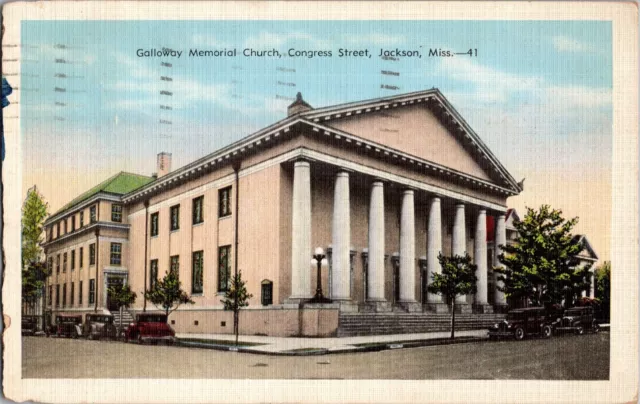 JACKSON MISSISSIPPI MS Galloway Memorial Church Congress Street Cars Postcard