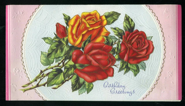 Vintage Embosed Rose Flower Floral Birthday Greetings Card