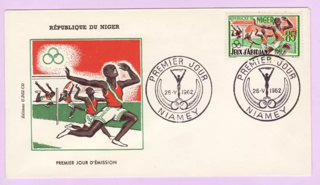 (FDC) 1er jour NIGER 1962, NIAMEY JEUX SPORTIFS d'ABIDJAN 1961, Timbre 85 Fr