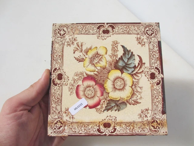 Antique Ceramic Tile Vintage Floral Art Nouveau Flowers Old Leaf