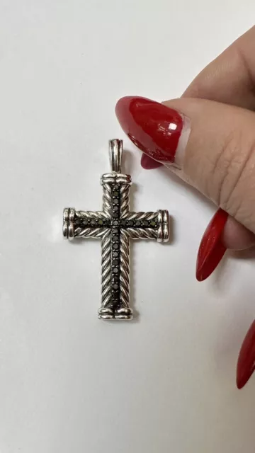 DAVID YURMAN Chevron Cross Pendant 925 Silver with Black PAVE Diamonds.