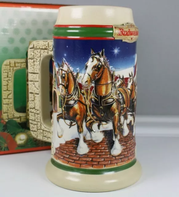 Budweiser 1998 Holiday Ceramic Stein Grants Farm Clydesdales W/ Coa Collectible